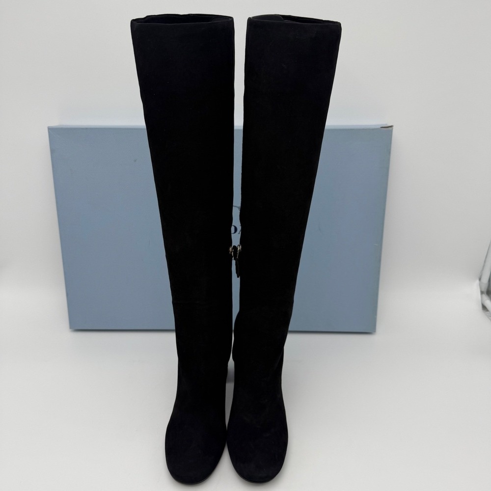 NWT Prada Camoscio Tall Suede Boots Women 37 Black Block Heel